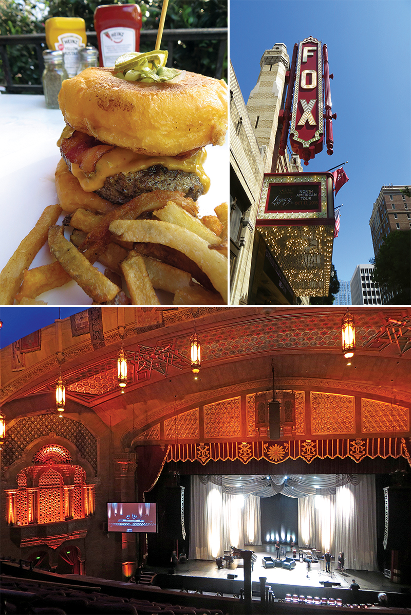 (clockwise from top left) Cypress Street Pint and Plate’s burger between two doughnuts is only for the stout-hearted. | Lights still shine brightly on the historic Fox Theatre marquee. | In addition to hosting tours, the fabulous Fox Theatre presents approximately 250 shows per year.