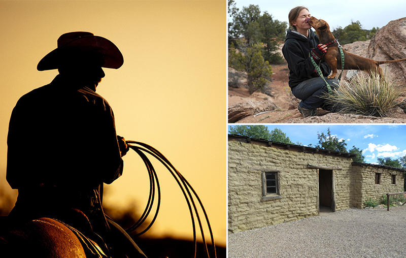 (Clockwise from left) Kanab’s Western Legends Round-up is the town’s biggest annual event. | Volunteers at Best Friends Animal Sanctuary can take animals with them on hikes or even for a sleep-over. | Clint Eastwood in The Outlaw Josey Wales found a home in this adobe house, now part of the Little Hollywood Movie Museum.
