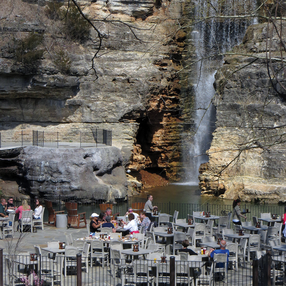 The Dogwood Canyon Grill patio is popular with guests who enjoy listening to music made by falling water.