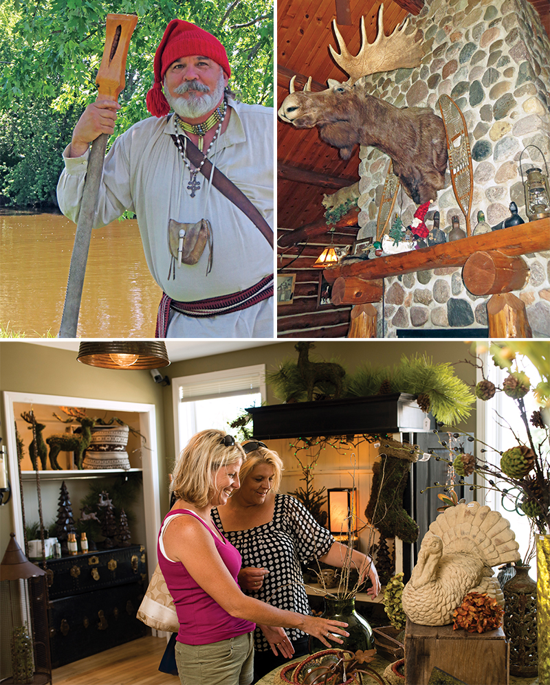 (top left) Glen Gorsuch as Jacque Largolier, voyageur, introduces early Wisconsin history to guests on Fox of the River Voyageur. (top right) The iconic mounted moose head adds to the woodsy décor of the restaurant at Mecan River Outfitters. (bottom) Indian summer and fall décor make shopping fun in Green Lake.