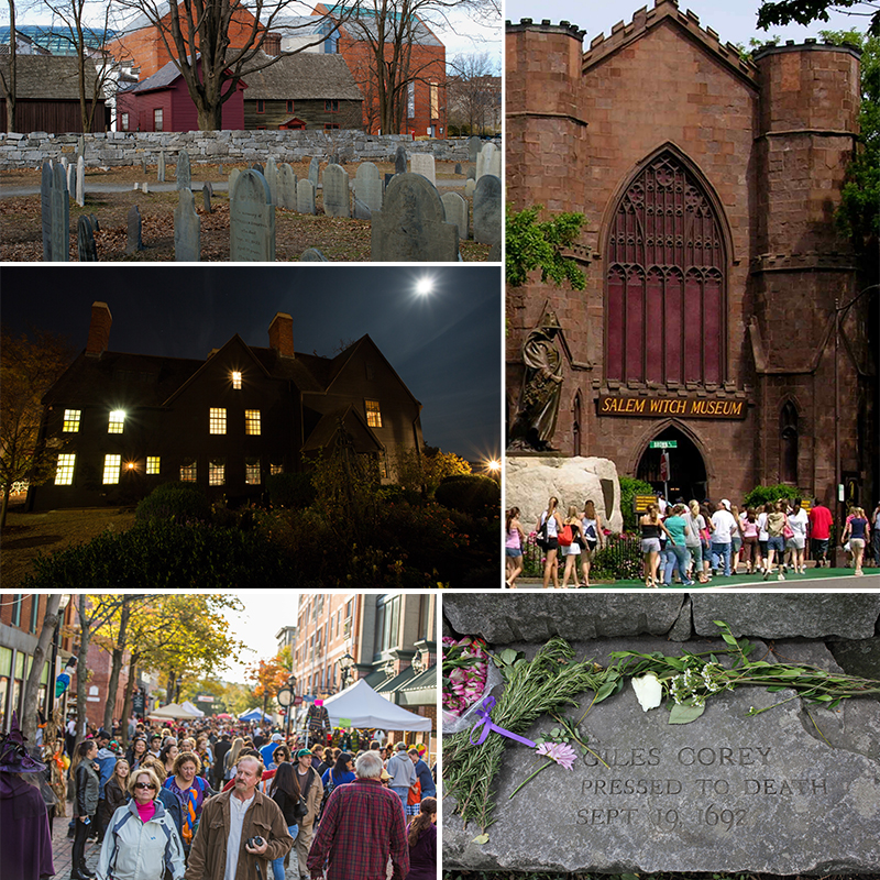 Clockwise from top left: Fall sets an eerie scene over Salem’s Burying Point Cemetery; history haunts the Salem Witch Museum; the resting place of witch trial victim Giles Corey; Salem is best explored on foot; night falls on Hawthorne’s famed House of the Seven Gables.