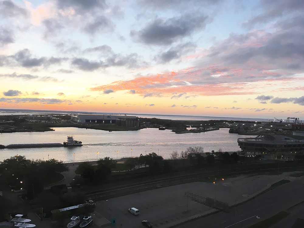 Sunrise on the Mobile River looks great from the river-facing rooms at the Renaissance Riverview Plaza Hotel.