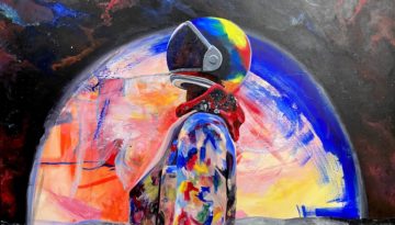 Untitled painting by artist Verdean Evergarden, which will be displayed at Paseo Arts District's July First Friday. A person wearing a hoodie and an astronaut helmet is created from many different colored strokes. They stand on the moon with the Earth in the horizon.