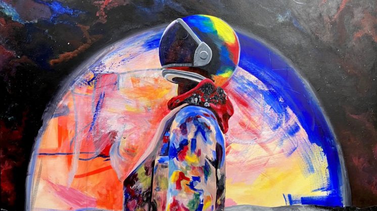 Untitled painting by artist Verdean Evergarden, which will be displayed at Paseo Arts District's July First Friday. A person wearing a hoodie and an astronaut helmet is created from many different colored strokes. They stand on the moon with the Earth in the horizon.