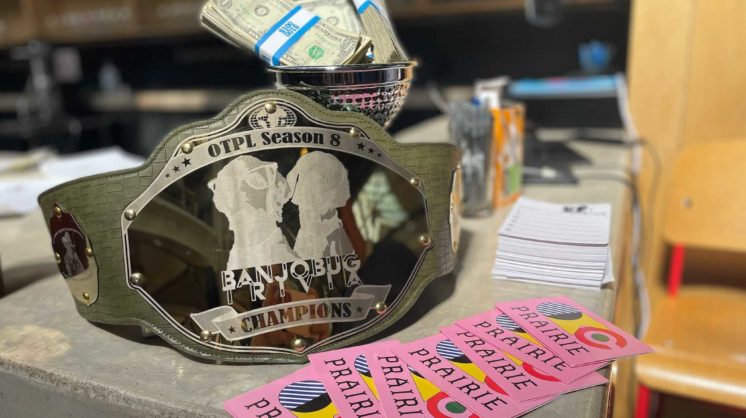 The season 8 championship belt for the Banjobug Trivia Company in OKC, complete with a small trophy filled with cash money.