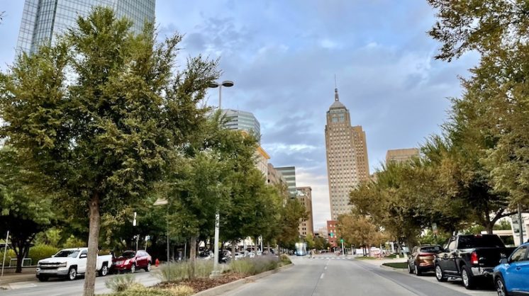 Ron Norick Boulevard in Oklahoma City, which features a median in the middle with trees and bushes.