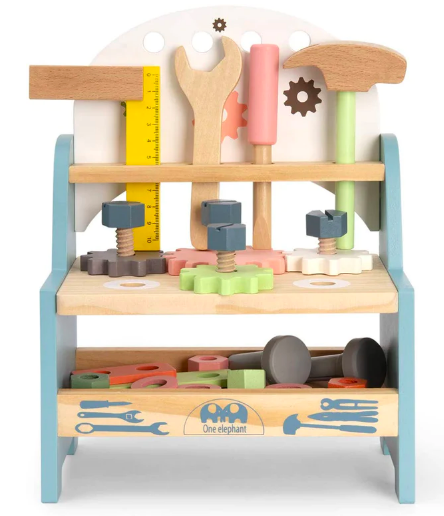 A toy workbench including tools and nuts and bolts.