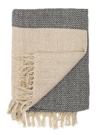 A gray and natural-colored thick throw blanket.