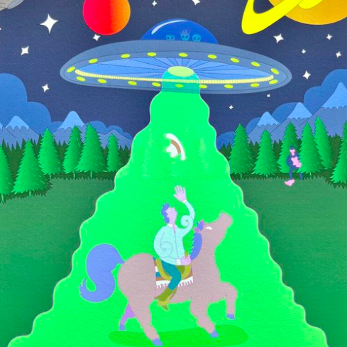 An illustration of a cowboy and horse being beam up to a UFO.