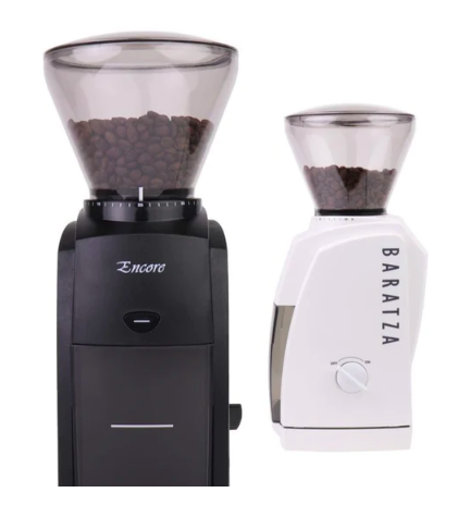 Two electric coffee grinders, one white and one black.