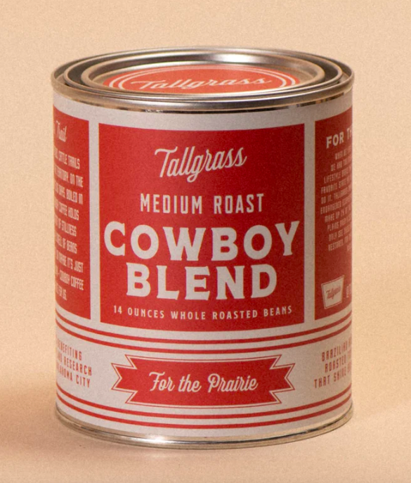 A red tin can of coffee reads "Cowboy Blend."