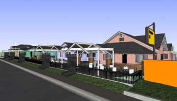 A SketchUp rendering of a line of multicolored bungalows as restaurants, bars and entertainment venues called Bungalow 23.