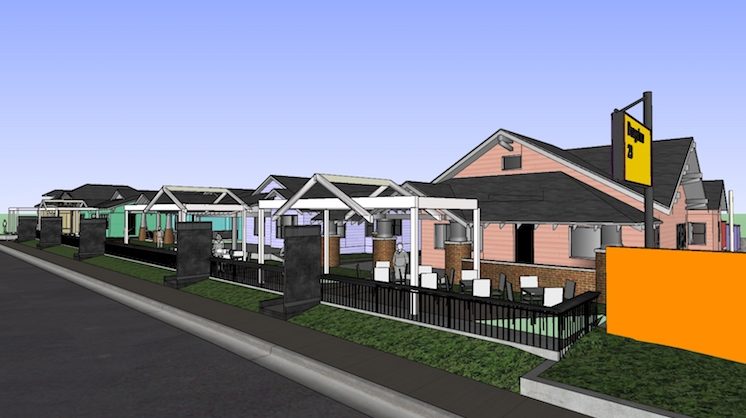 A SketchUp rendering of a line of multicolored bungalows as restaurants, bars and entertainment venues called Bungalow 23.
