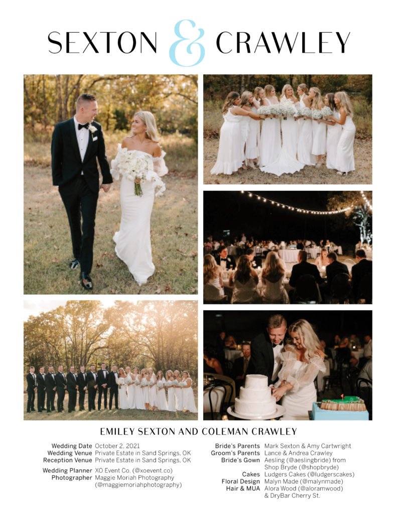 A single-page of a magazine displays five photos of a wedding in the middle of the page. The top text reads the couple's first names, and the bottom lists details of the wedding.