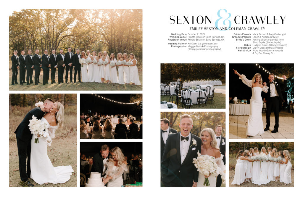 A two-page magazine spread that has eight photos of a wedding. On the top of the second page reads the couple's first names and lists details about the wedding.