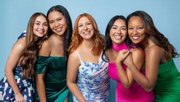 Photo of Masha Andrianova Largent, Lestari Kusumawardani, Lauren Cross, Sicilia Talavera & Mel Drake of The 405 Girls against a blue background