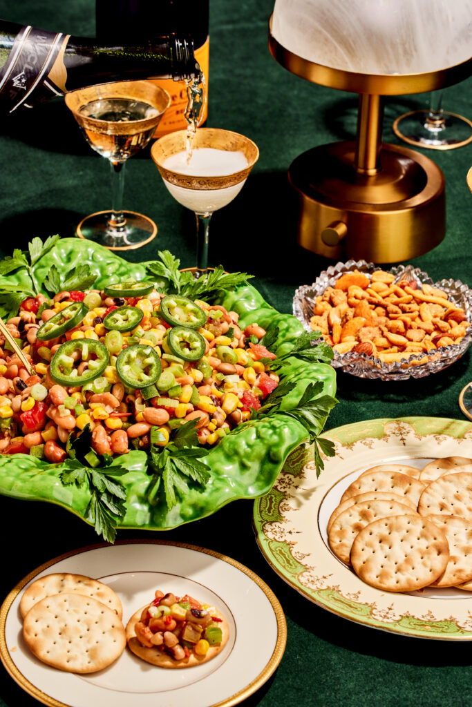 "Cowboy Caviar" with beans, corn, and jalapenos in a vintage lettuce dish