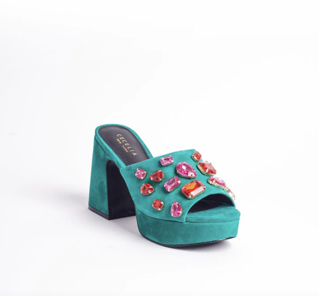 Blue suede heels with pink and orange jewels