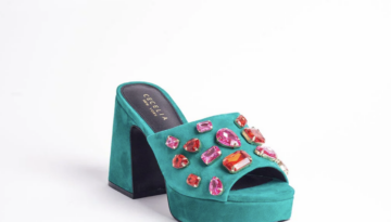 Festive blue suede heels with pink and orange jewels