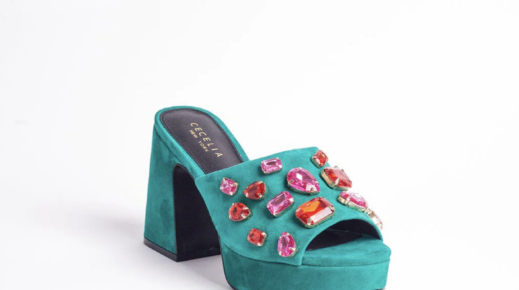 Festive blue suede heels with pink and orange jewels