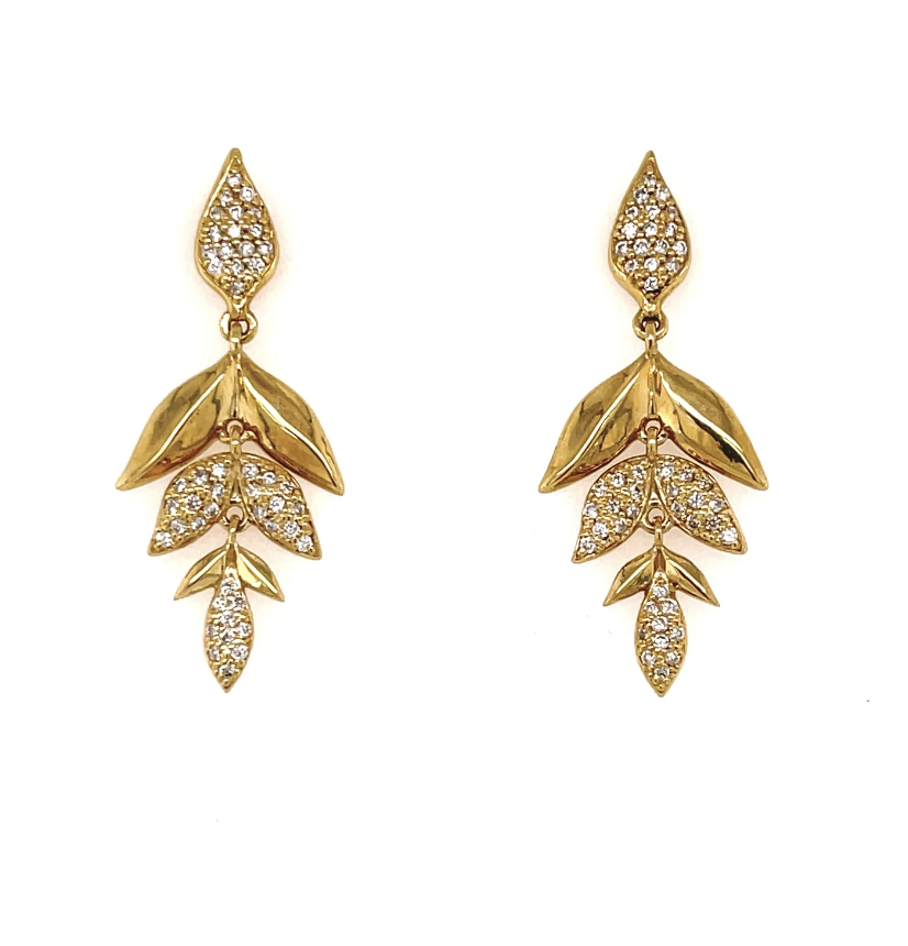 Gold dangle earrings with leaves covered in rhinestones