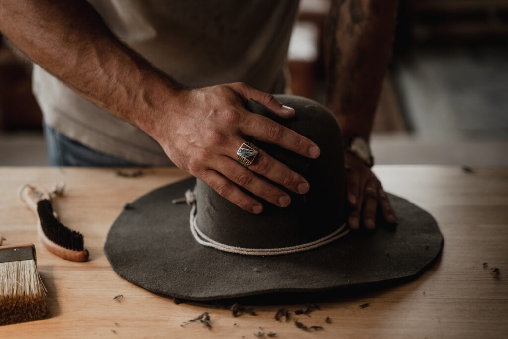 A hat being made by Tyler Grimmett for his brand Memphis + Louie in Oklahoma.