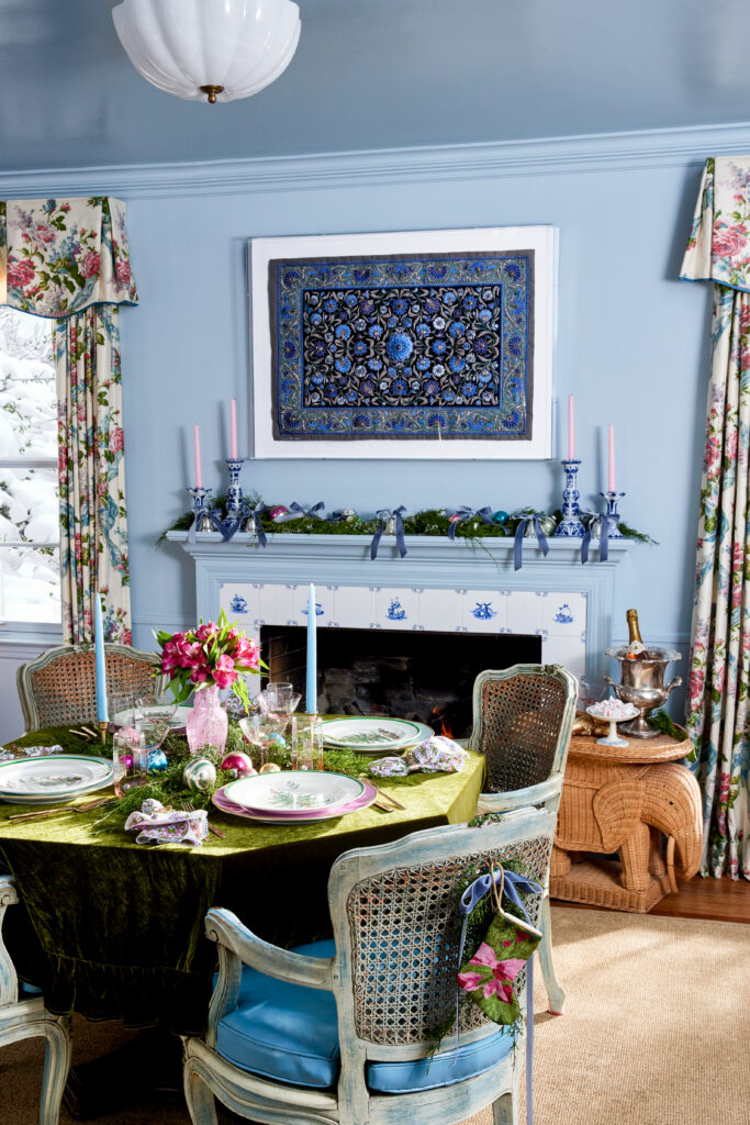 A non-traditional tablescape with hues of pink, blue and green.