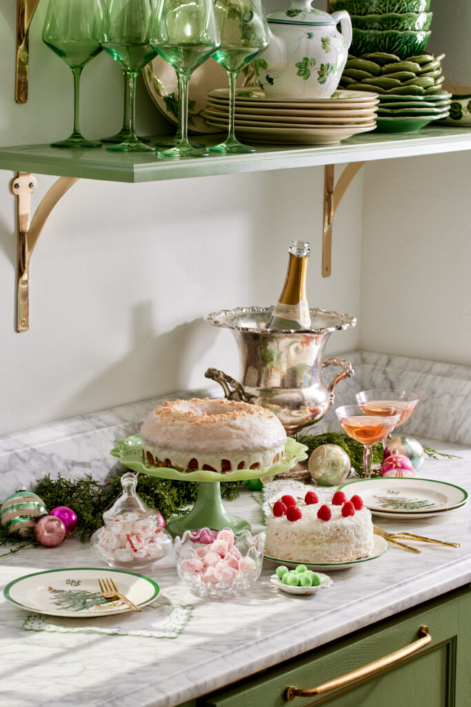 A non-traditional tablescape with hues of pink, blue and green.