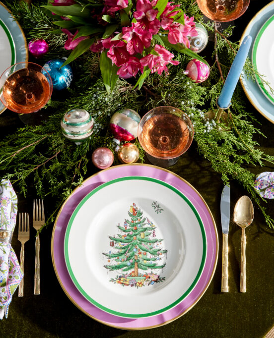 A non-traditional tablescape with hues of pink, blue and green.