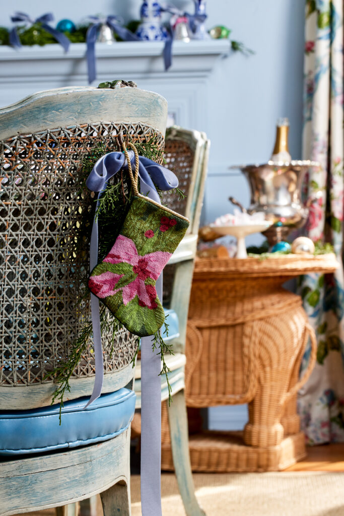 A non-traditional tablescape with hues of pink, blue and green.