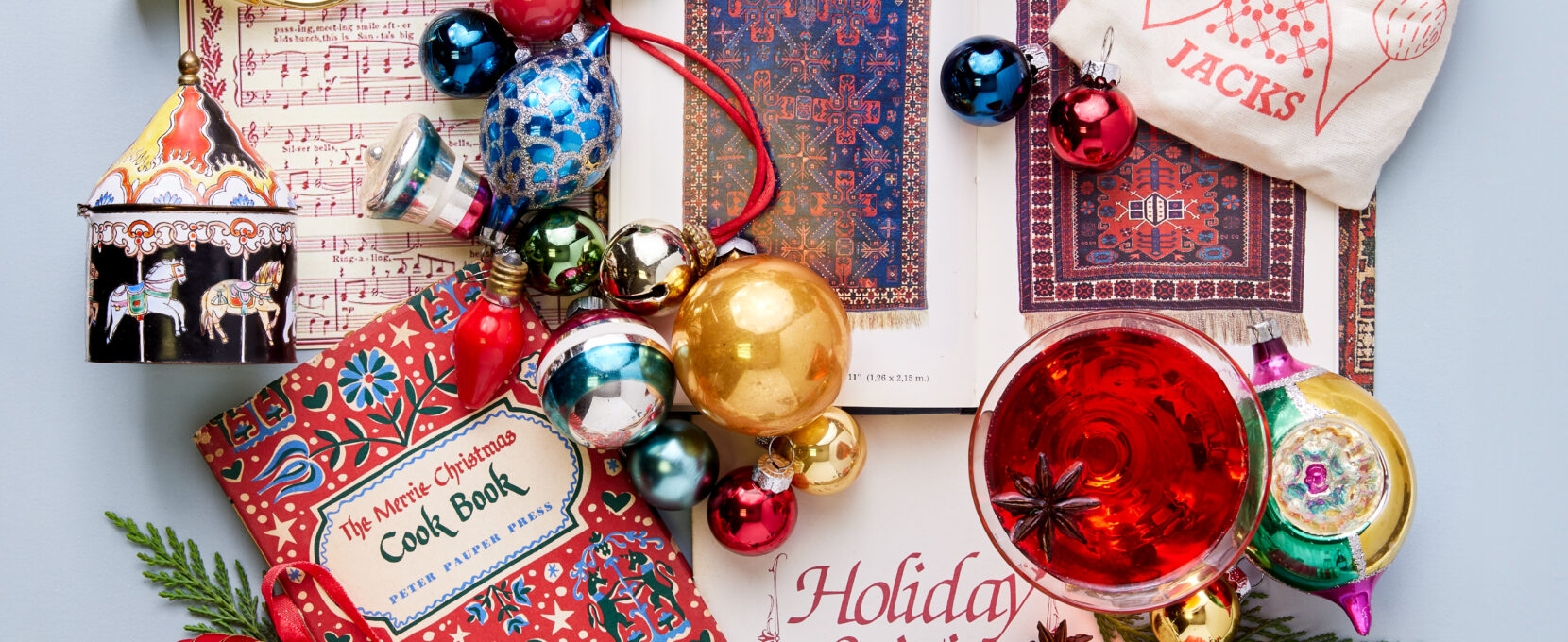 Flat lay of holiday decor items for inspiration.