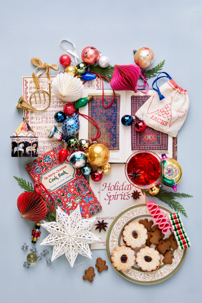 Flat lay of holiday decor items for inspiration.