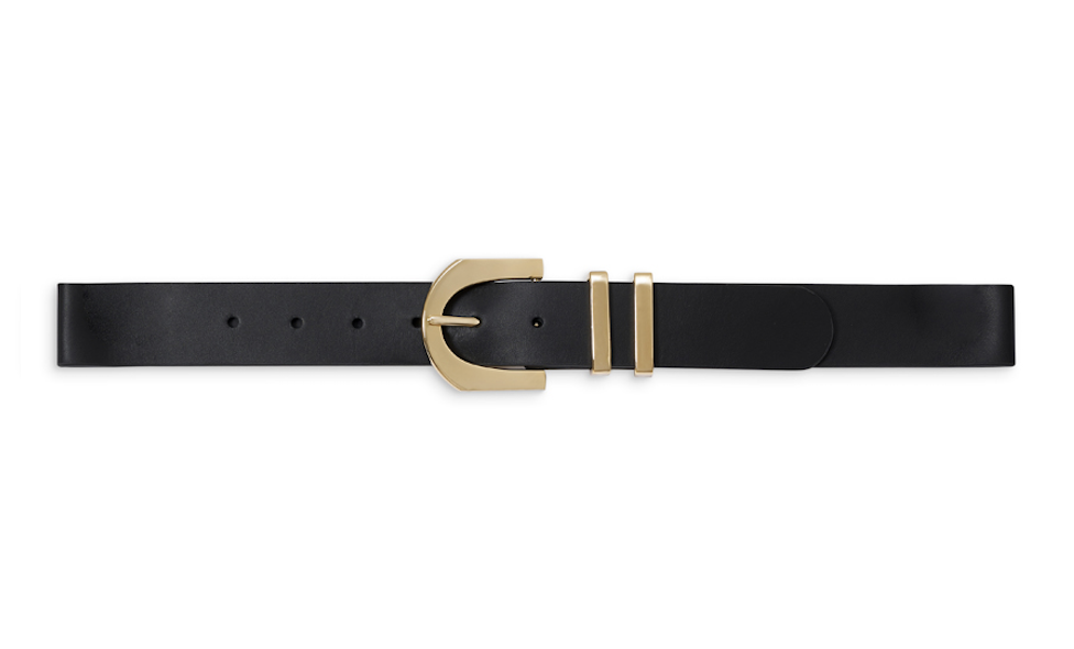 Thin black belt with gold hardware
