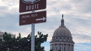 Signs in Oklahoma City and throughout the state designate historic Route 66, including this one west of the state Capitol on NE 23rd St.